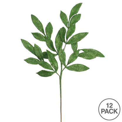 Vickerman 22" Green Glitter BayLeaf Artificial Christmas Spray. Includes 12 sprays per pack.