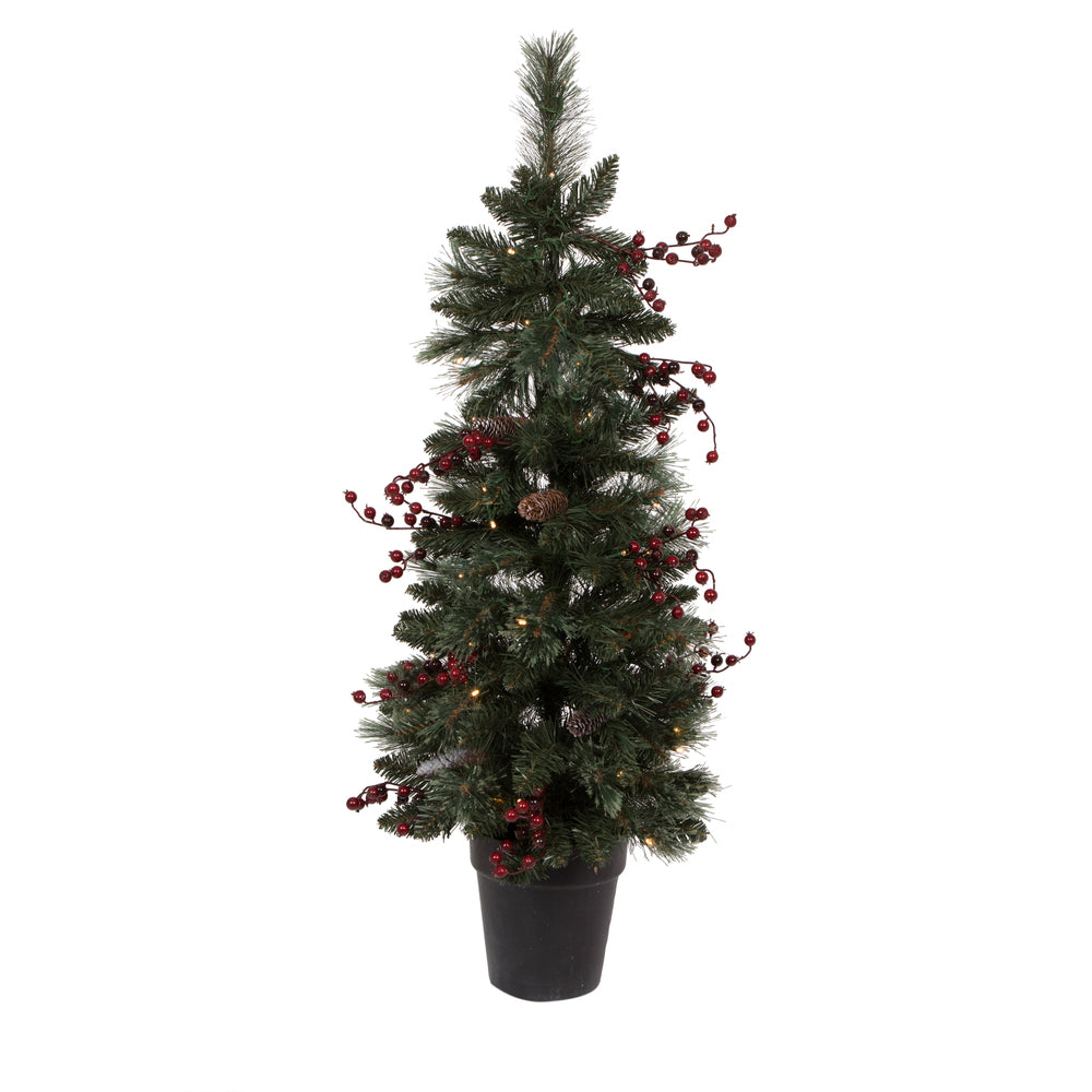 Vickerman Artificial 4 Piece Decorated Front Door Set with 200 Battery Operated Warm White 3MM LED lights. Includes two 3.5' Potted Trees one 30" Wreath and one 9' Garland.  This incredible set features battery operated Warm White LED lights pine cone and
