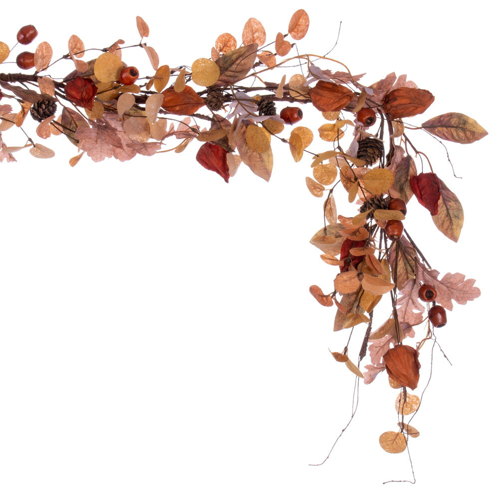 Vickerman 5' Autumn Orange Artificial Assorted Leaf Garland with Maple leaves and Pinecones.