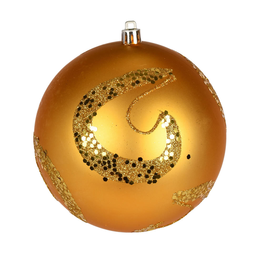 Vickerman 4.75" Honey Gold Matte Sequin Swirl Drilled Wired 4/Bag. Add some sparkle to your holiday decorating projects with this matte ornament adorned with sequins. This ornament features a drilled cap with looped wire to ensure that decorating is a bre