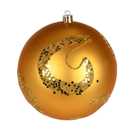 Vickerman 4.75" Honey Gold Matte Sequin Swirl Drilled Wired 4/Bag. Add some sparkle to your holiday decorating projects with this matte ornament adorned with sequins. This ornament features a drilled cap with looped wire to ensure that decorating is a bre