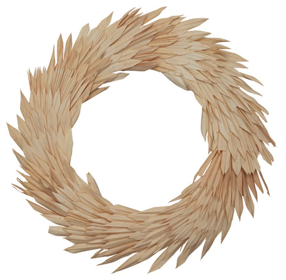 Vickerman Natural Botanicals 24" Bleached Palm Sun Wreath. This wreath measures 24 inches in diameter. It features bleached palm sun leaves on a coco fiber base. This is a dried and preserved natural product.