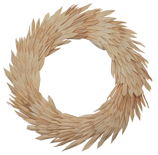 Vickerman Natural Botanicals 24" Bleached Palm Sun Wreath. This wreath measures 24 inches in diameter. It features bleached palm sun leaves on a coco fiber base. This is a dried and preserved natural product.