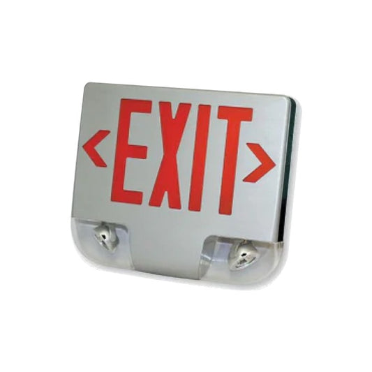 Westgate Die Cast LED Exit Sign & Adjustable LED Head Emergency Combo, SGL/DBL Face Univ. Canopy, Red Letters, Aluminum Panel, LED Exit & Emergency Lighting, 3W Per Head