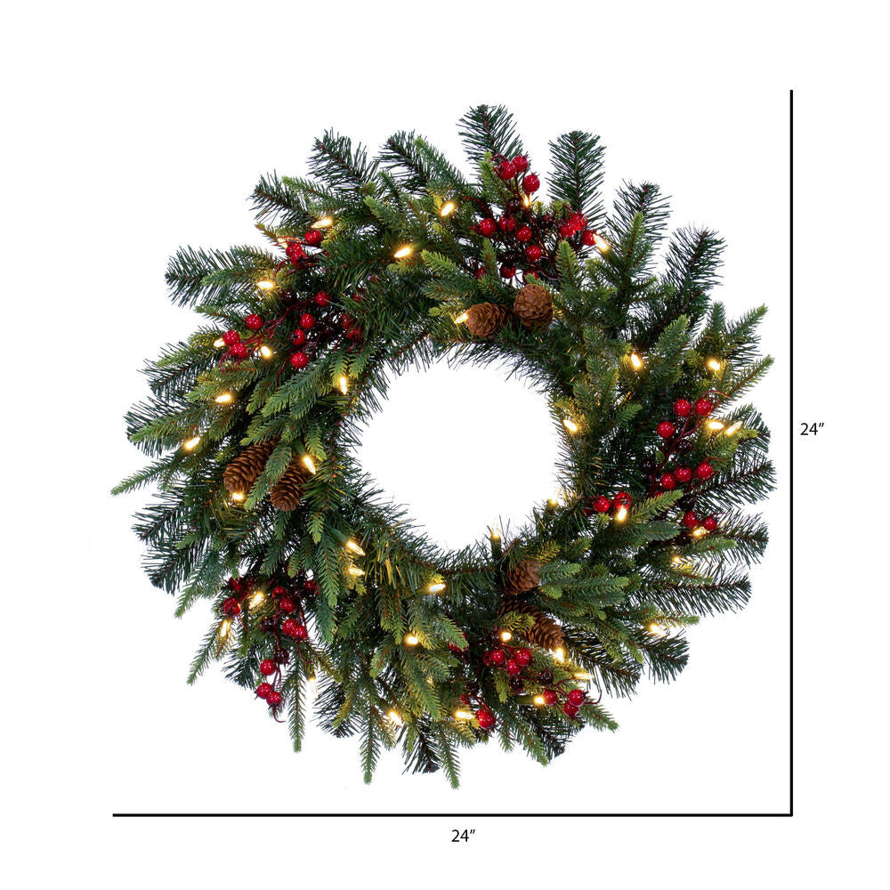 Vickerman 24" Berry Mixed Pine Cone Artificial Pre-Lit Wreath Dura-Lit® Warm White LED Mini Lights.
