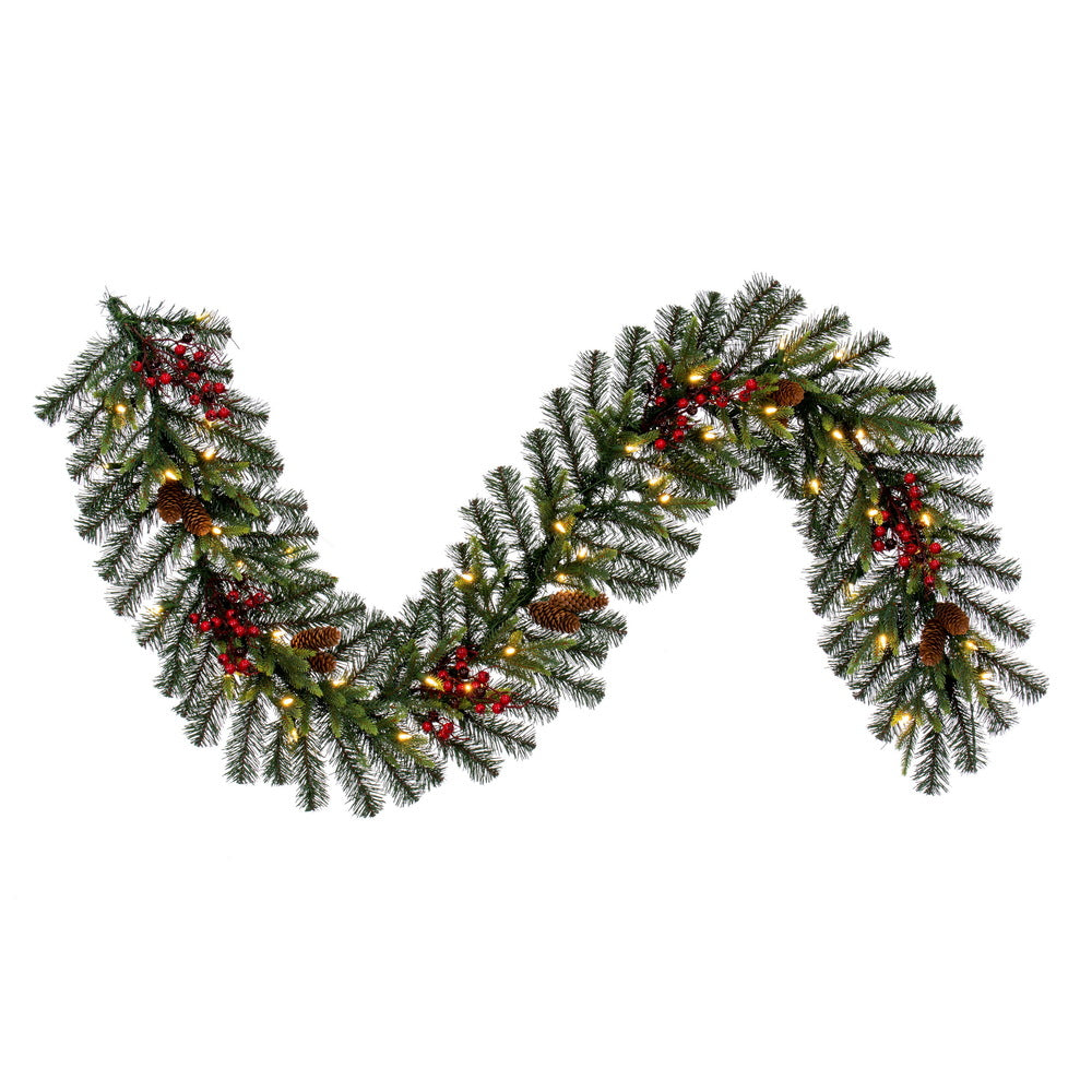 Vickerman 6' x 14" Berry Mixed Pine Cone Artificial Pre-Lit Garland Warm White LED Lights.