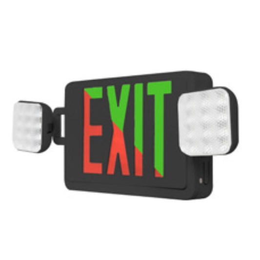 Westgate Combo Emergency Light / Exit Sign Bi-Color Red/Grn, Default To Red, 120/277V - Remote Cap. 2 Heads, Bk, LED Exit & Emergency Lighting