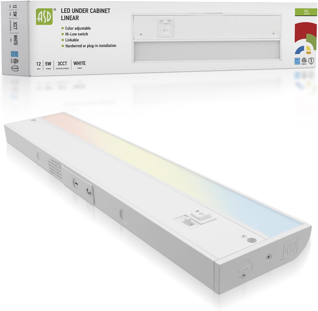 ASD Lighting LED Under Cabinet Linear 12" 5W 120V Dimmable CCT Selectable 2700/3000/4000K Hardwired or Plug-in, Linkable, Hi/Low Switch, White UL