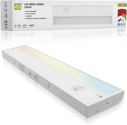 ASD Lighting LED Under Cabinet Linear 12" 5W 120V Dimmable CCT Selectable 2700/3000/4000K Hardwired or Plug-in, Linkable, Hi/Low Switch, White UL