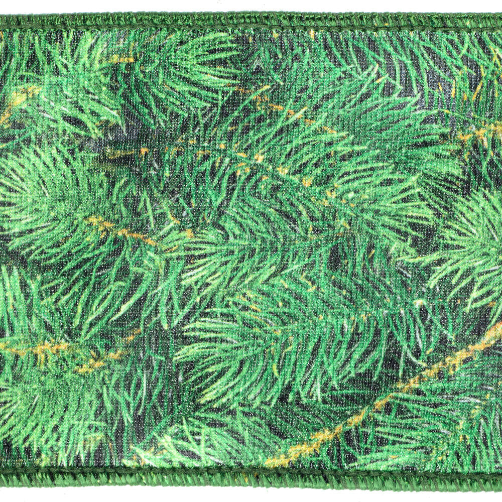 Vickerman 4" x 10 Yards Green Pine Print Wired Edge Christmas Ribbon.