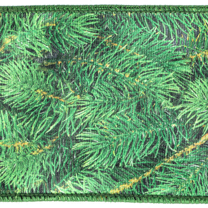 Vickerman 4" x 10 Yards Green Pine Print Wired Edge Christmas Ribbon.