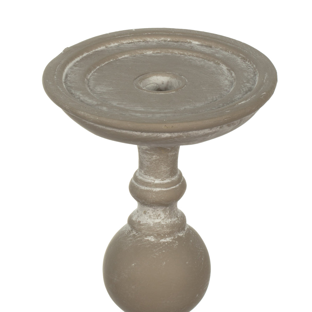 Vickerman 20.8" White Candlestick Polyresin. This candle stick is made of durable polyresin material. It features a modern shape with brushed accents. The candlestick measures 20.75" H x 5.75" W. It best suits a candle that is 3 inches in diameter.