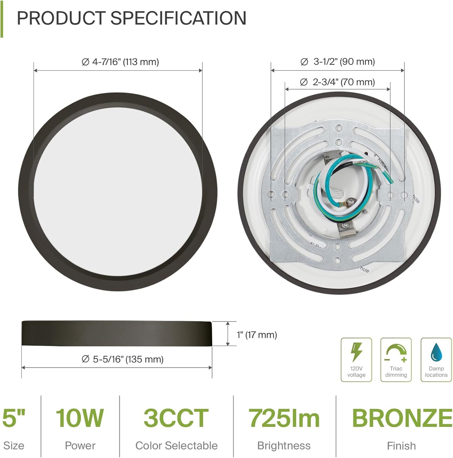 ASD Lighting LED Round Surface Mini Panel 5" 10W 120V CCT Selectable 3000/4000/5000K Dimmable Oil Rubbed Bronze ETL Energy Star 6pack
