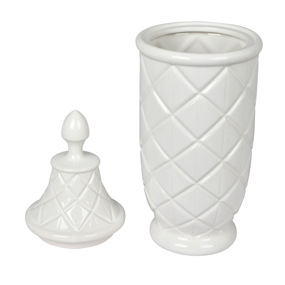 Vickerman 18.5" White Ceramic Container with Lid. This versatile container can pair with faux floral stems or stand as a simple decorative piece with the lid. It measures 18.5" H x 6.5" W.   100% CERAMIC