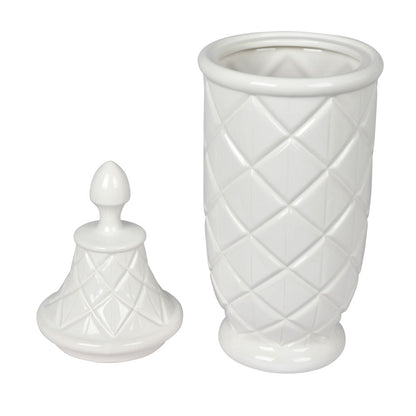 Vickerman 18.5" White Ceramic Container with Lid. This versatile container can pair with faux floral stems or stand as a simple decorative piece with the lid. It measures 18.5" H x 6.5" W.   100% CERAMIC