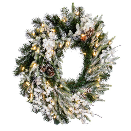 Vickerman 24" Frosted Berry Mixed Pine Cone Artificial Pre-Lit Wreath Warm White Lights.