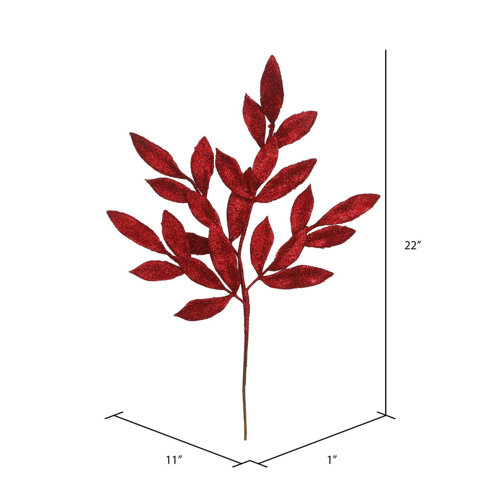 Vickerman 22" Red Glitter BayLeaf Artificial Spray. Includes 12 sprays per pack.