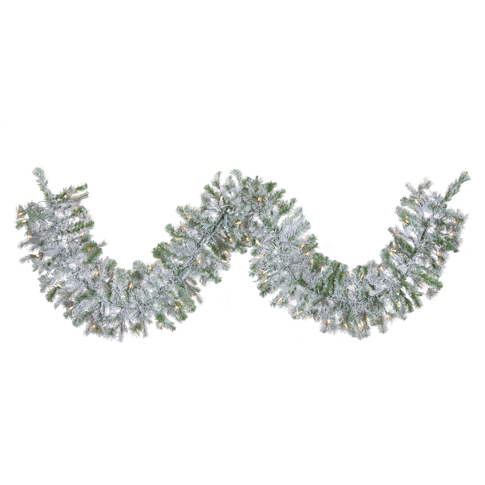Vickerman 9' x 14' Flocked Kiana Artificial Christmas Garland with Warm White LED Lights.