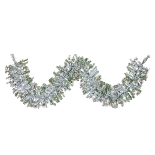 Vickerman 9' x 14' Flocked Kiana Artificial Christmas Garland with Warm White LED Lights.