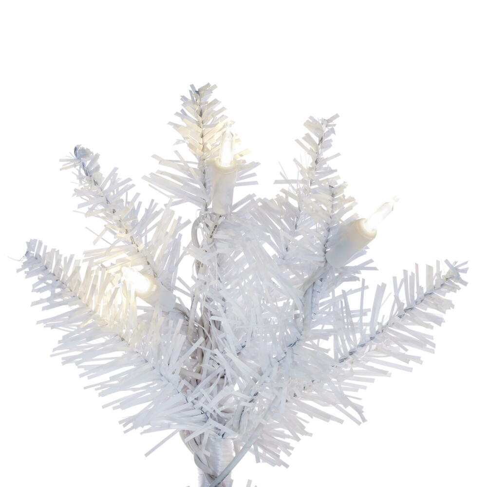Vickerman 9.5' x 42" White Pencil Artificial Pre-Lit Christmas Tree with 700 Dura-Lit® Warm White LED Mini Lights. It measures 114 inches tall, and 28 inches wide, which is considered a pencil profile. This tree boasts 1700 tips for a realistic look. Pre-