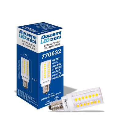 BULBRITE LED T6 CANDELABRA SCREW (E12) 5W DIMMABLE CLEAR 3000K/SOFT WHITE LIGHT 60W INCANDESCENT EQUIVALENT 2PK (770632)