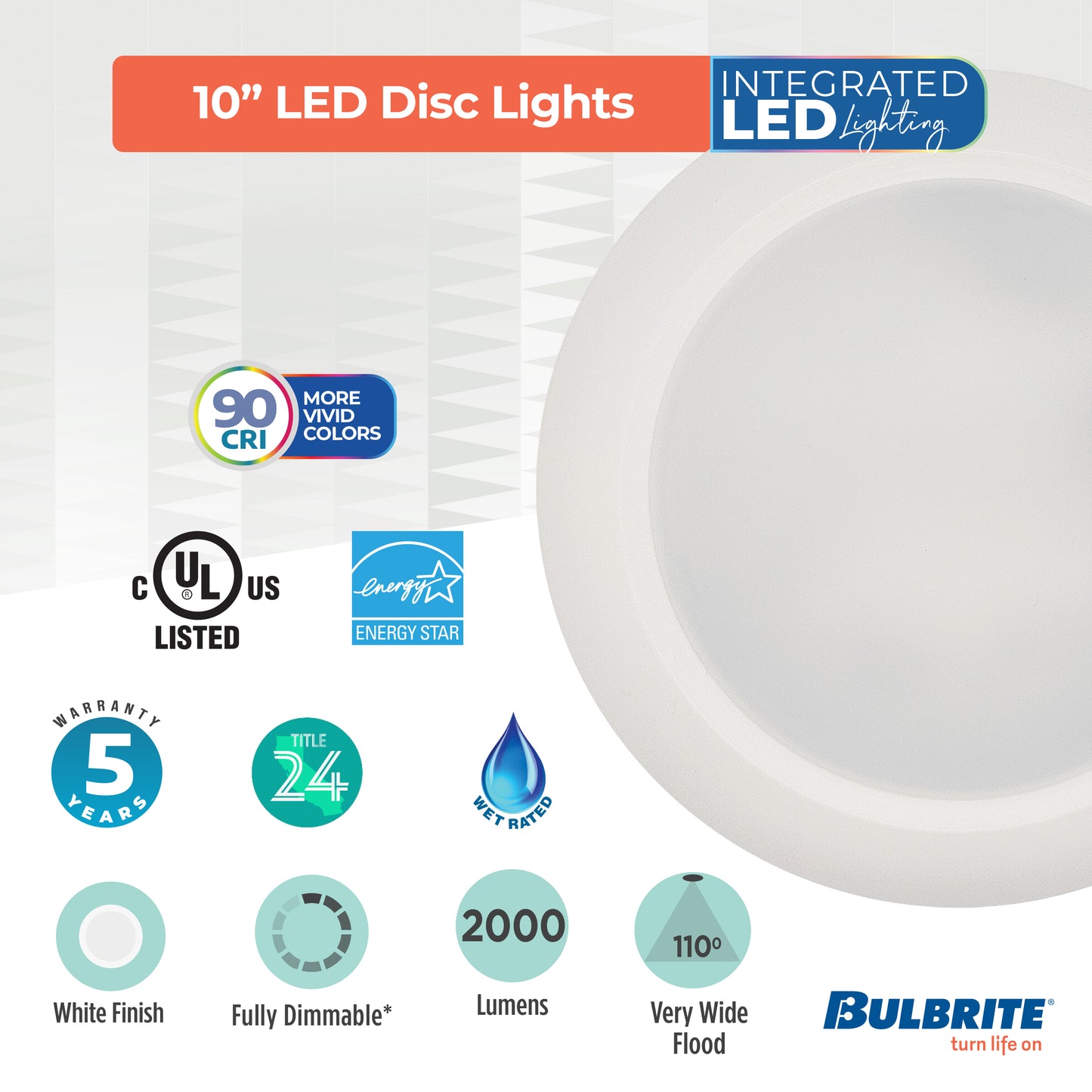 Bulbrite 773277 25-Watt LED 10" Disc, 3000K, 2000 Lumens, White Finish