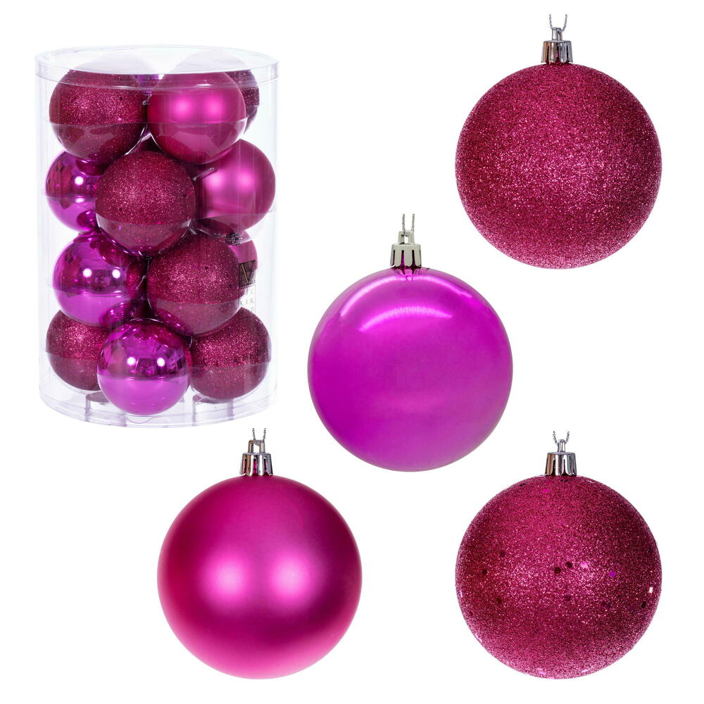 Vickerman 3" Hot Pink 4-Finish Ball Ornament Set 16 per box.