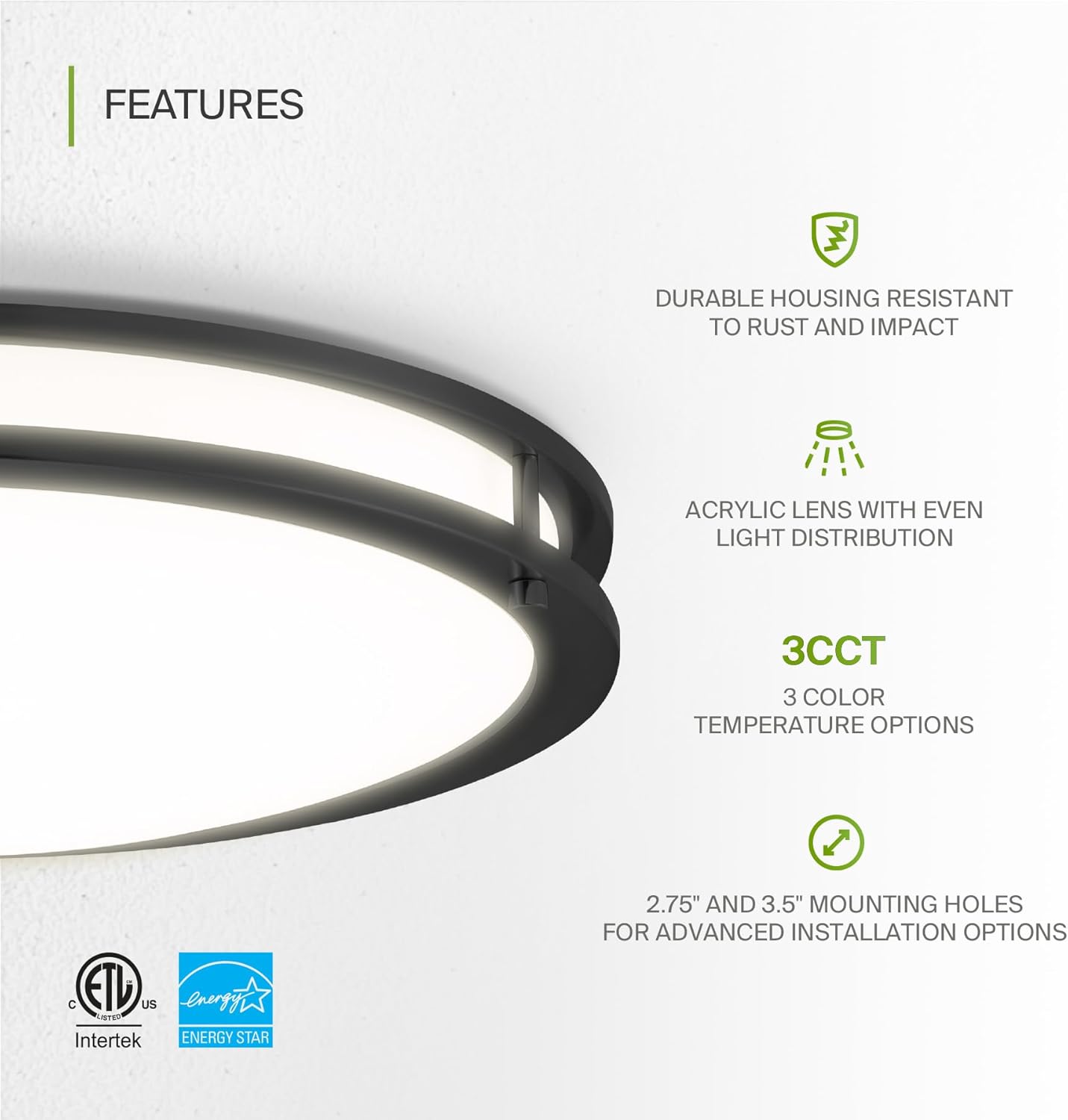 ASD LED Double Ring Flushmount 18" 28W 120V CCT Selectable 3000/4000/5000K Dimmable Black ETL Energy Star