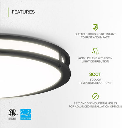 ASD LED Double Ring Flushmount 18" 28W 120V CCT Selectable 3000/4000/5000K Dimmable Black ETL Energy Star