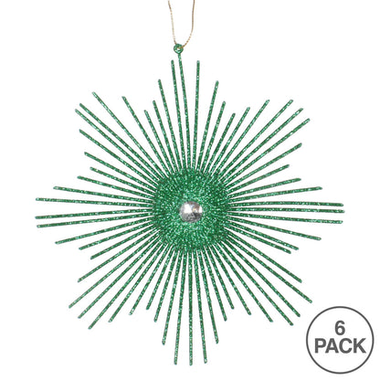 Vickerman 6.5" Green Snowflake Burst Glitter Christmas Ornament 6 per Bag