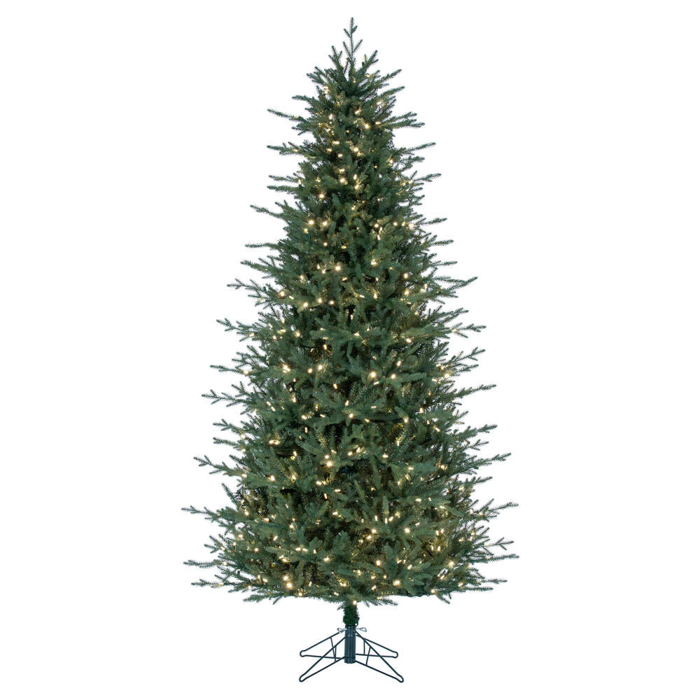 Vickerman 6.5' x 46" Slim Itasca Fraser Fir Artificial Pre-Lit Christmas Tree with 550 Pure White LED Mini Lights, 1428 Realistic PE/PVC Tips, 6' Step On/Off Power Cord and Folding Metal Tree Stand. Assembly is required.