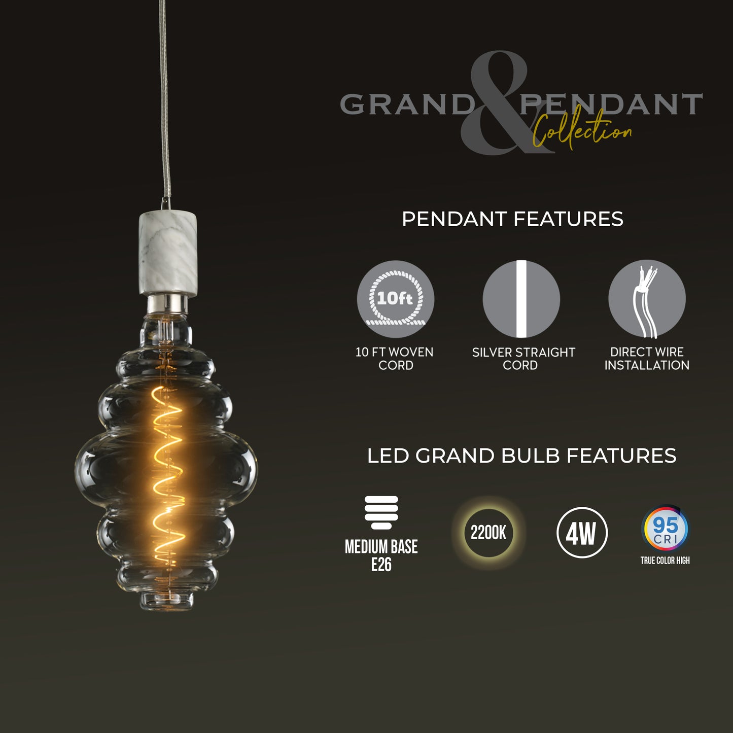 Bulbrite LED Grand Bulb and Pendant Kit of (1) 4 Watt Clear Glass 15" Beehive Shaped Bulb and (1) White Marble Open Socket Pendant on White Fabric Braided Cord - 2200K (Amber Light)