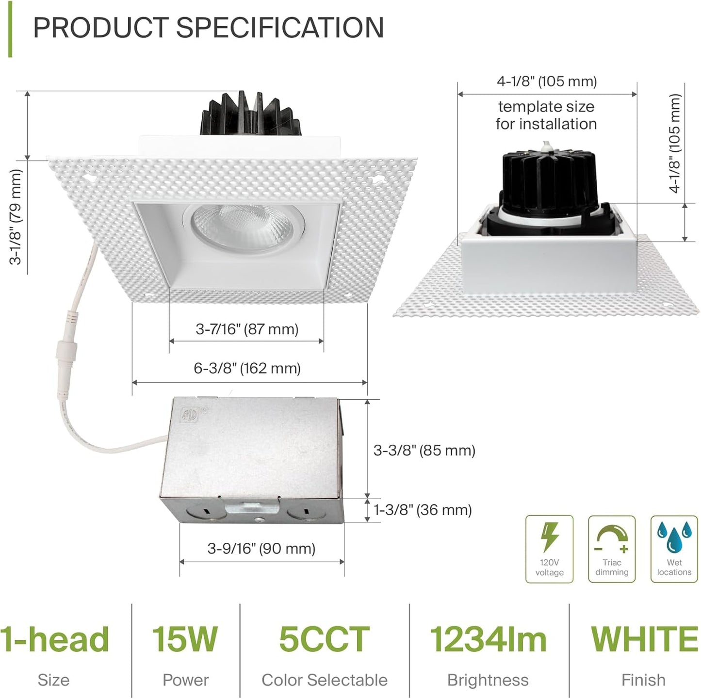 ASD Lighting LED Trimless Combo Downlight 1 head 3.5inch 15W 120V Triac 2700/3000/3500/4000/5000K White ETL