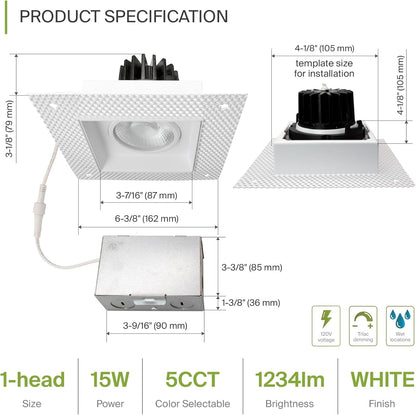 ASD Lighting LED Trimless Combo Downlight 1 head 3.5inch 15W 120V Triac 2700/3000/3500/4000/5000K White ETL