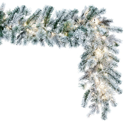 Vickerman 9' x 14' Flocked Kiana Artificial Christmas Garland with Warm White LED lights.