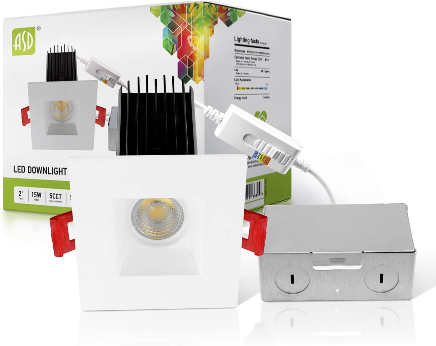 ASD Lighting LED Downlight Square 2inch 15W 120V Triac 2700/3000/3500/4000/5000K White ETL Energy Star