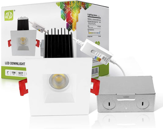 ASD Lighting LED Downlight Square 2inch 15W 120V Triac 2700/3000/3500/4000/5000K White ETL Energy Star