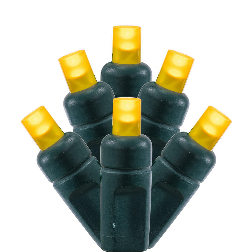 Vickerman 50 Frosted Yellow Wide Angle Single Mold End-Connecting LED Light Set with 22 Gauge Green Wire, 3"x 6"x 3" Spacing, 25' Long Christmas Light Strand. This light set has the ability to connect to as many as 45 sets. 4.8 watts, .04 Amps. Color Head