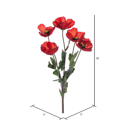 Vickerman 18" Artificial Red Poppy And Foliage Bush. Five Flowers Heads Per Bush. 3 Bushes In A Bag.