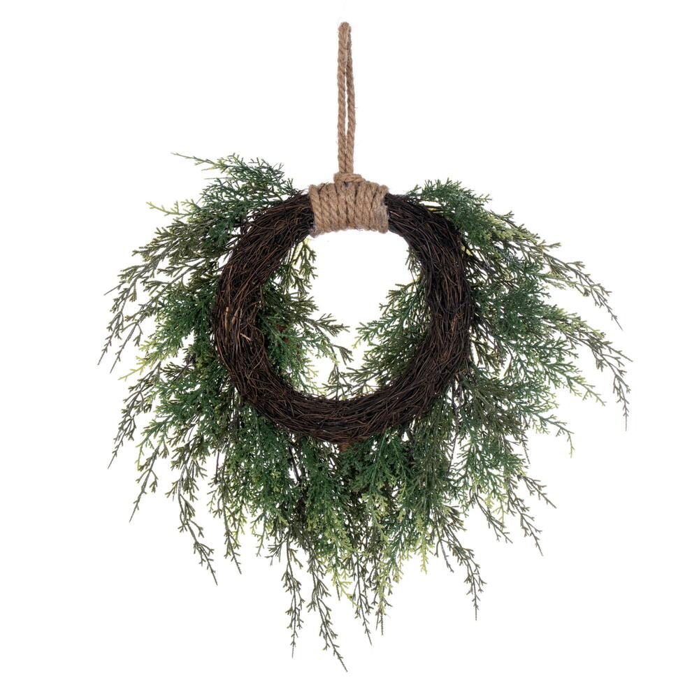 Vickerman 18" Artificial Snow Cedar Hanging Wreath with Pinecones