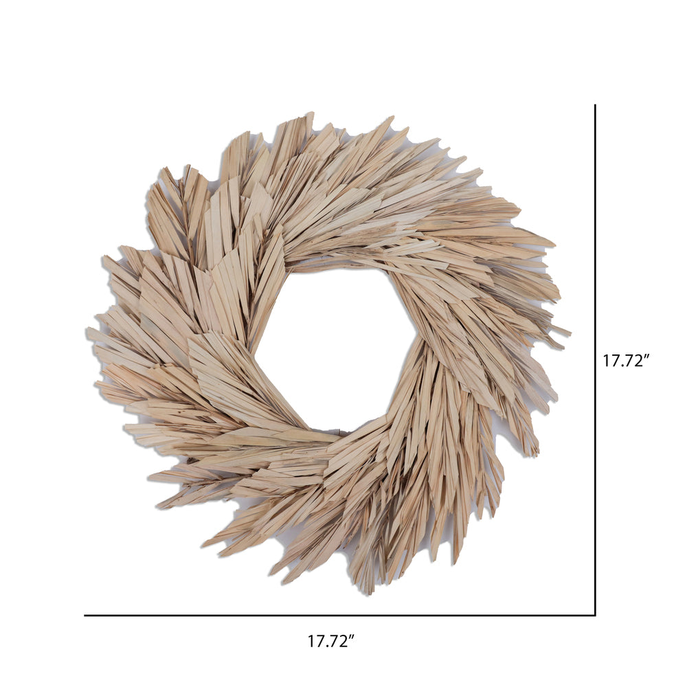 Vickerman Natural Botanicals 17" Bleached Canna Leaf Wreath. This wreath measures 17 inches in diameter. It features bleached canna leaves on a coco fiber base. This is a dried and preserved natural product.