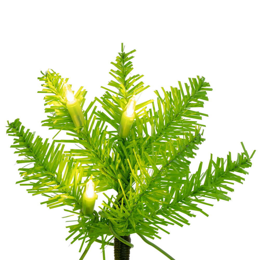Vickerman 9.5' x 42" Lime Pencil Artificial Pre-Lit Christmas Tree with 700 Dura-Lit® Lime LED Mini Lights. It measures 114 inches tall, and 28 inches wide, which is considered a pencil profile. This tree boasts 1700 tips for a realistic look. Pre-lit wit