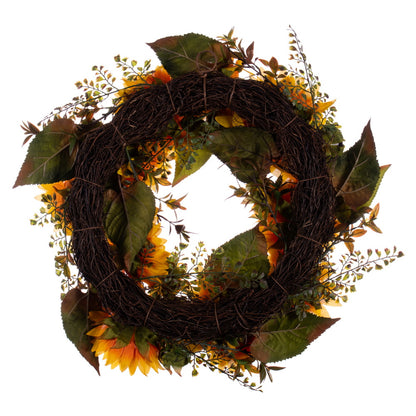 Vickerman 24" Artificial Yellow Sunflower Wreath with Seed Grass Foliage.