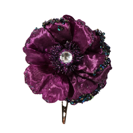 Vickerman 5" Artificial Plum Polyester Wild Poppy Head with Sequin Glitter and Clip pack of 3
