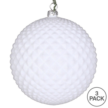 Vickerman 4" White Flocked Durian Ball Ornament 3 per Bag