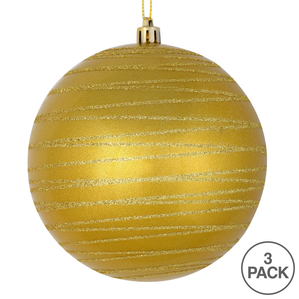 Vickerman 6" Gold Candy Finish Ball Ornament with Glitter Lines 3 per Bag