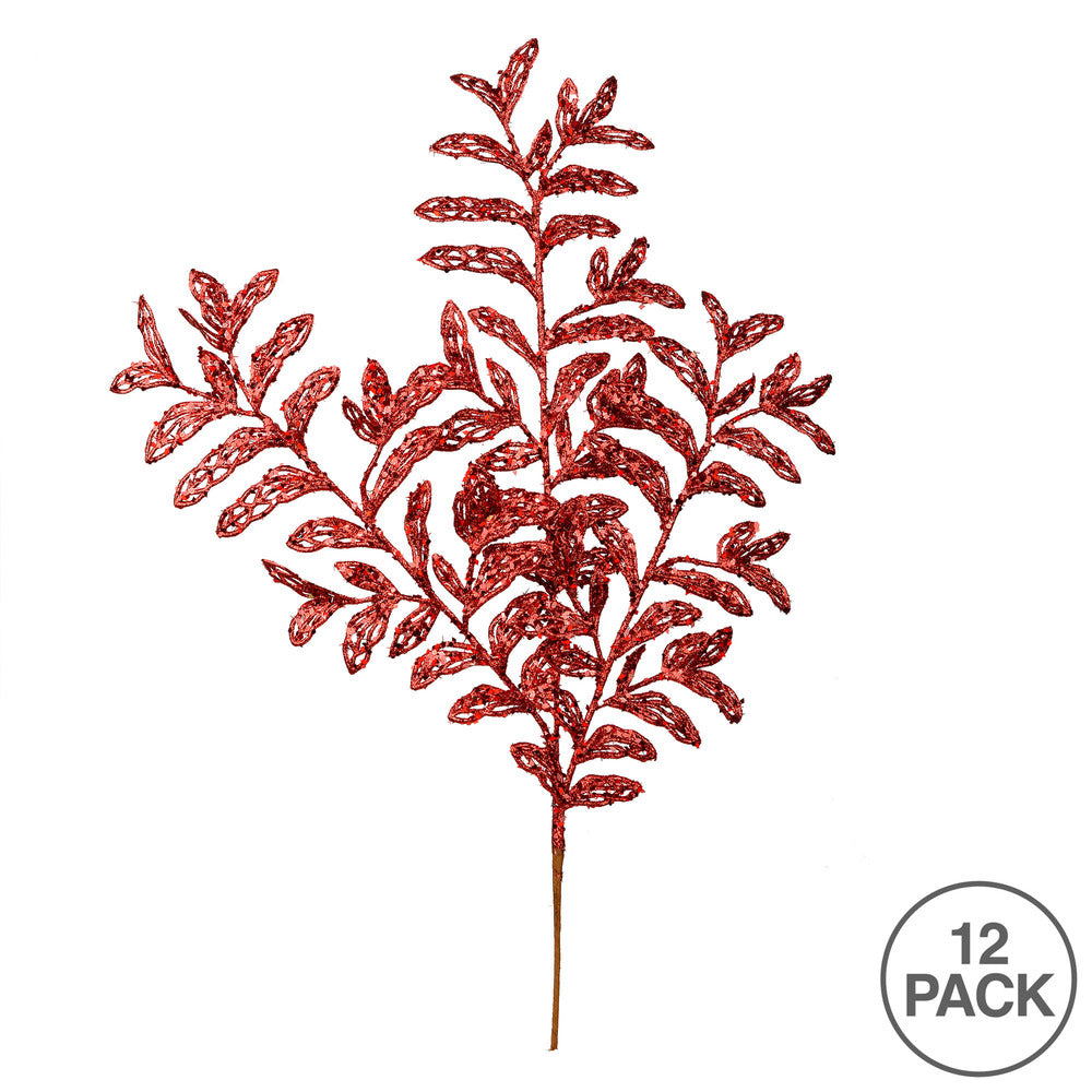 Vickerman 22" Red Bipinnate Glitter Leaf Artificial Christmas Spray. Includes 12 sprays per pack.