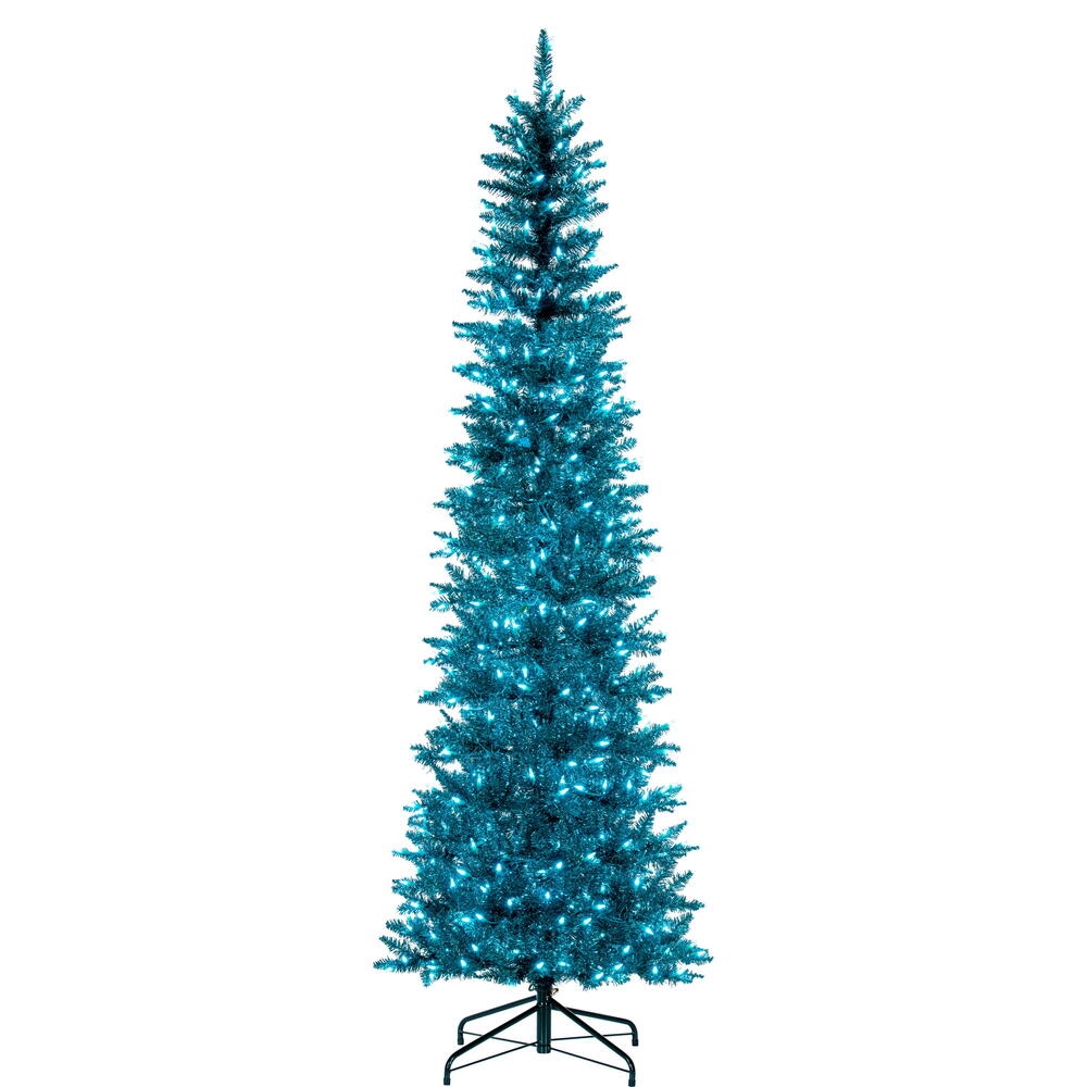 Vickerman 9.5' x 42" Aqua Tinsel Pencil Artificial Pre-Lit Christmas Tree with 700 Dura-Lit® Aqua LED Mini Lights. It measures 114 inches tall, and 28 inches wide, which is considered a Pencil profile. This tree boasts 1700 tips for a realistic look. Pre-