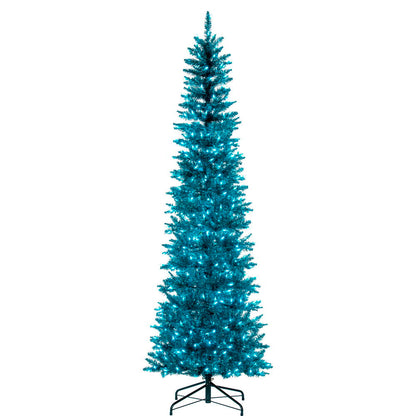 Vickerman 9.5' x 42" Aqua Tinsel Pencil Artificial Pre-Lit Christmas Tree with 700 Dura-Lit® Aqua LED Mini Lights. It measures 114 inches tall, and 28 inches wide, which is considered a Pencil profile. This tree boasts 1700 tips for a realistic look. Pre-
