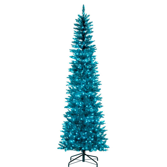 Vickerman 9.5' x 42" Aqua Tinsel Pencil Artificial Pre-Lit Christmas Tree with 700 Dura-Lit® Aqua LED Mini Lights. It measures 114 inches tall, and 28 inches wide, which is considered a Pencil profile. This tree boasts 1700 tips for a realistic look. Pre-